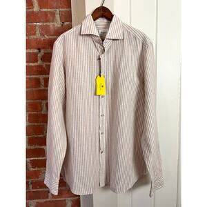 NEW Giannetto Portofino Linen Striped Shirt White Tan Made in Italy Men’s L